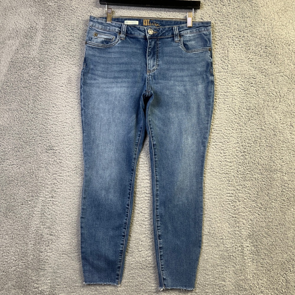 Kut from the Kloth Carlo Jeans Women 12 Blue Denim Raw Hem Mid Rise Ankle Skinny